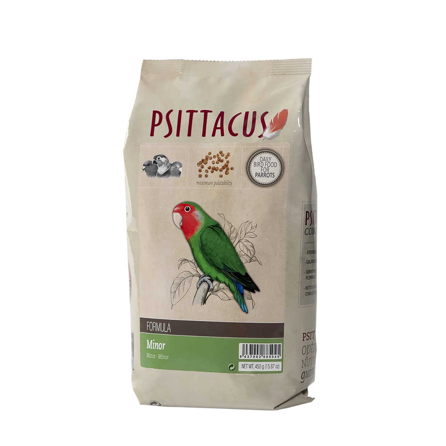 Psittacus Minor pellets in a bowl support balanced nutrition for small parrots.