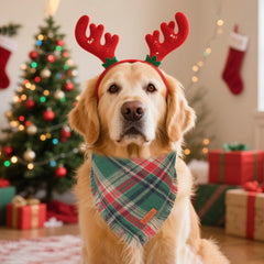 PTDECOR Christmas dog bandana green plaid tassels back view for holiday style