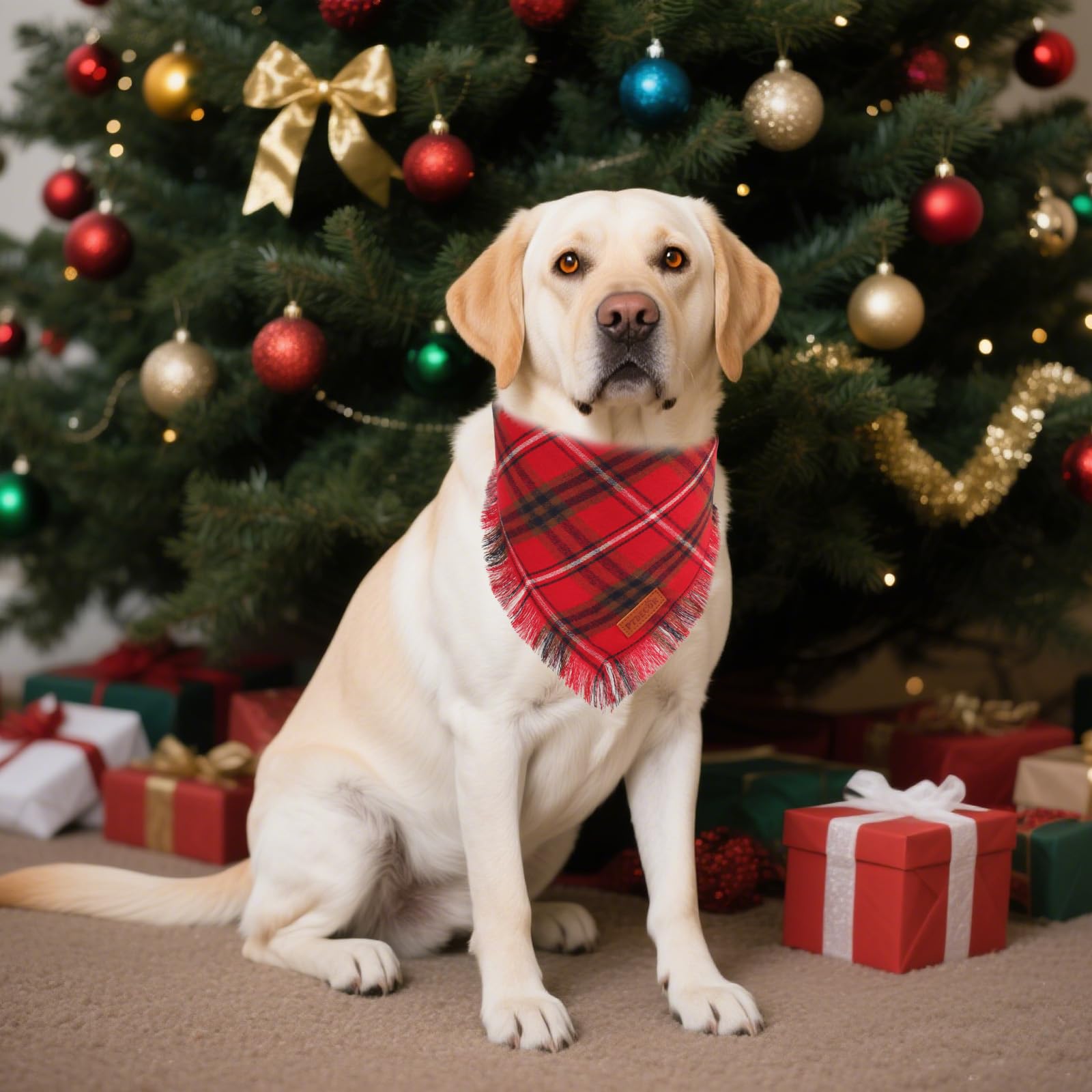 PTDECOR Christmas dog bandana in green plaid adds holiday charm.