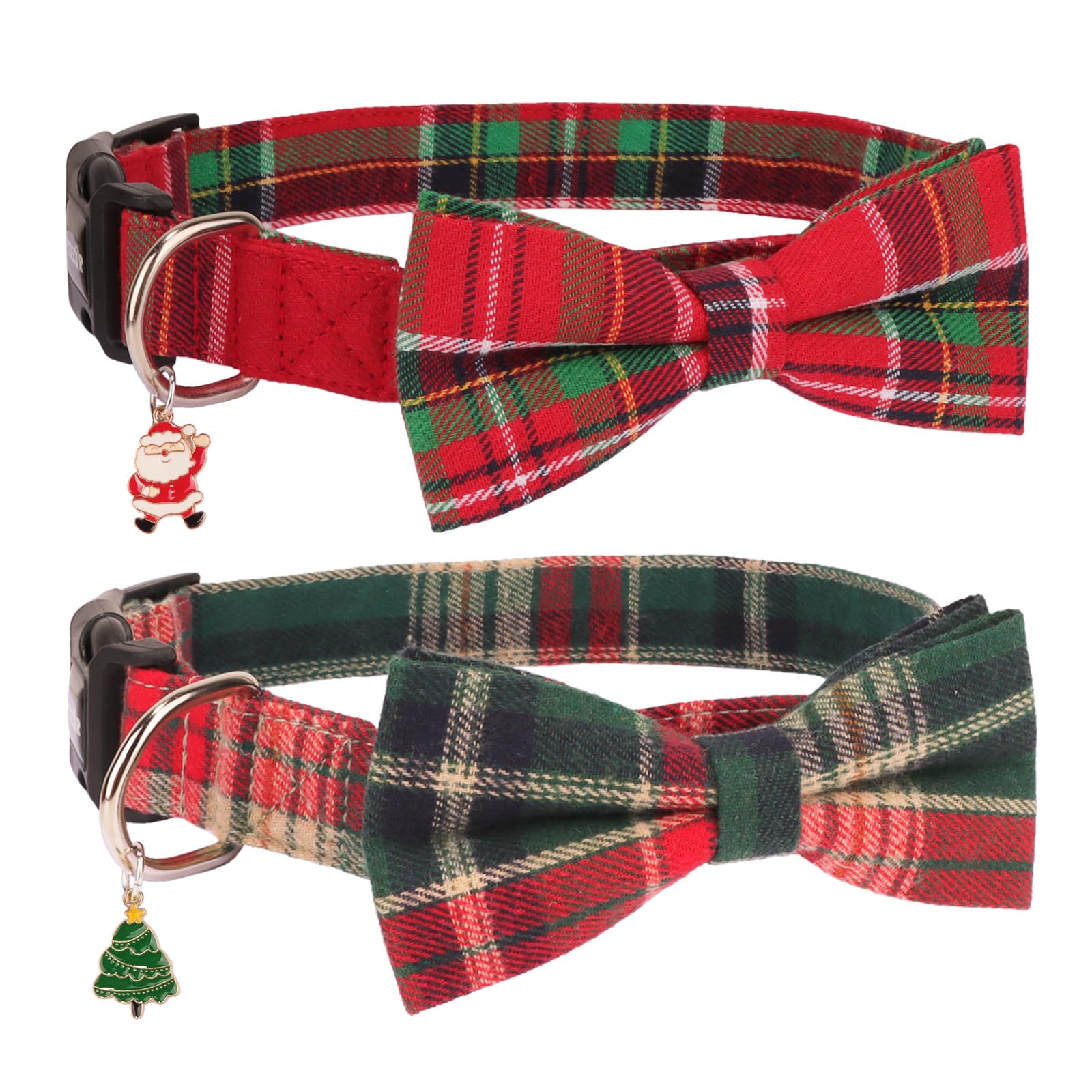 PTDECOR Christmas dog collar with removable bow on plaid fabric for festive photos