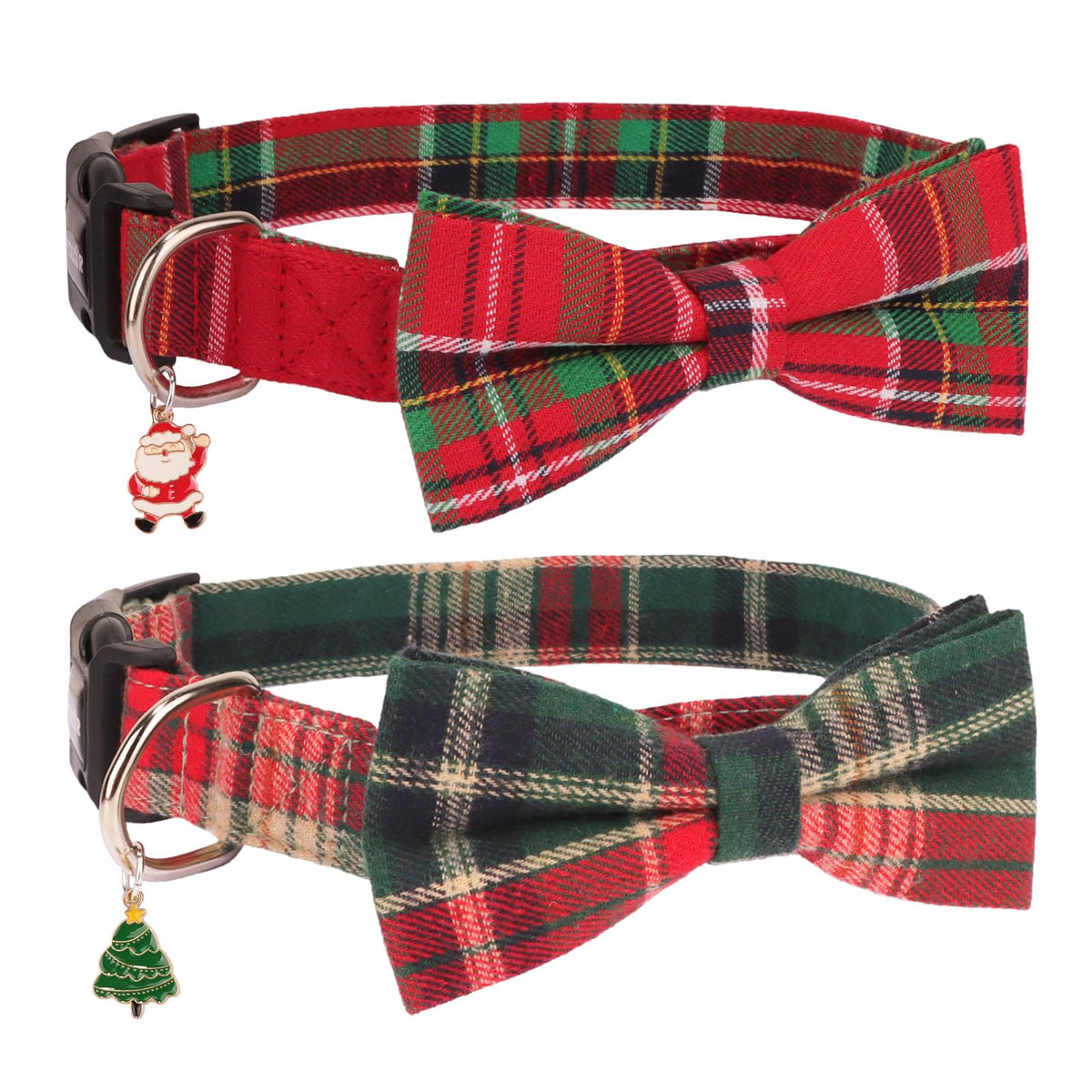 PTDECOR Christmas dog collar with removable bow on plaid fabric for festive photos