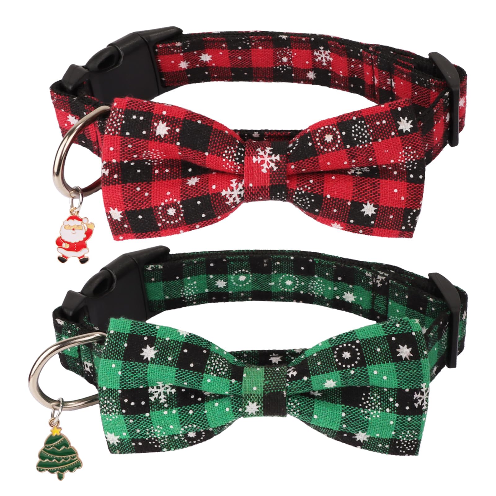 PTDECOR Christmas dog collar with green plaid snowflake, ideal for festive photos.