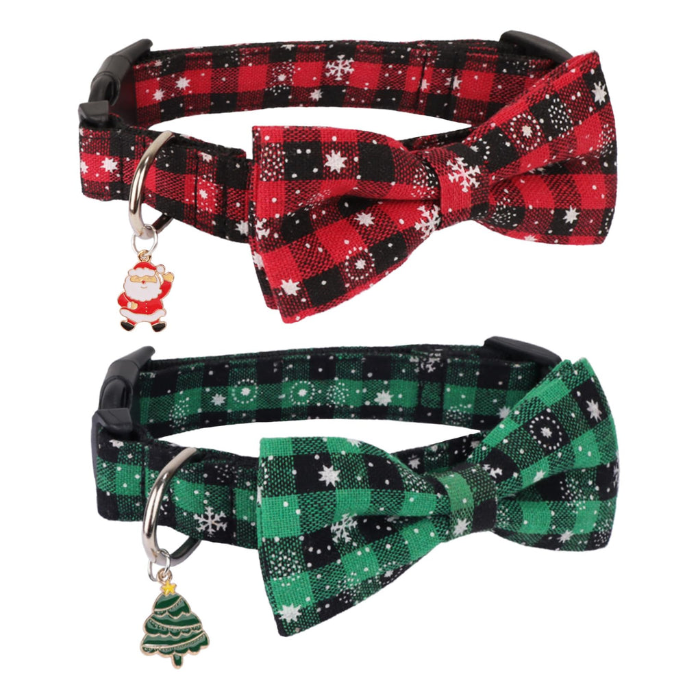 PTDECOR Christmas dog collar in red plaid snowflake for small dogs, comfortable all-day wear.