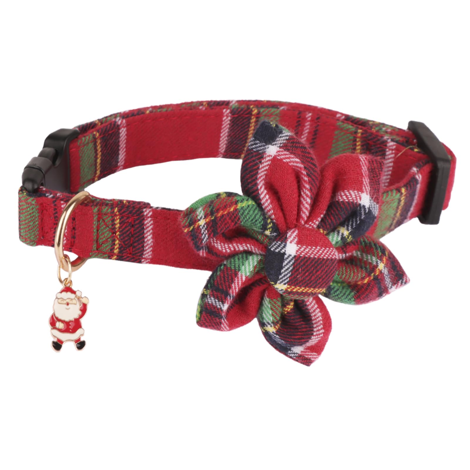 PTDECOR Christmas dog collar with removable flower shown on festive plaid design.