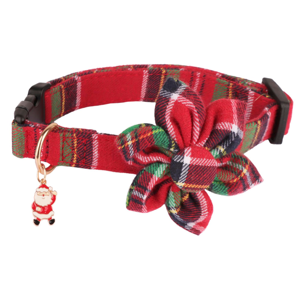 PTDECOR Christmas dog collar with removable flower shown on festive plaid design.