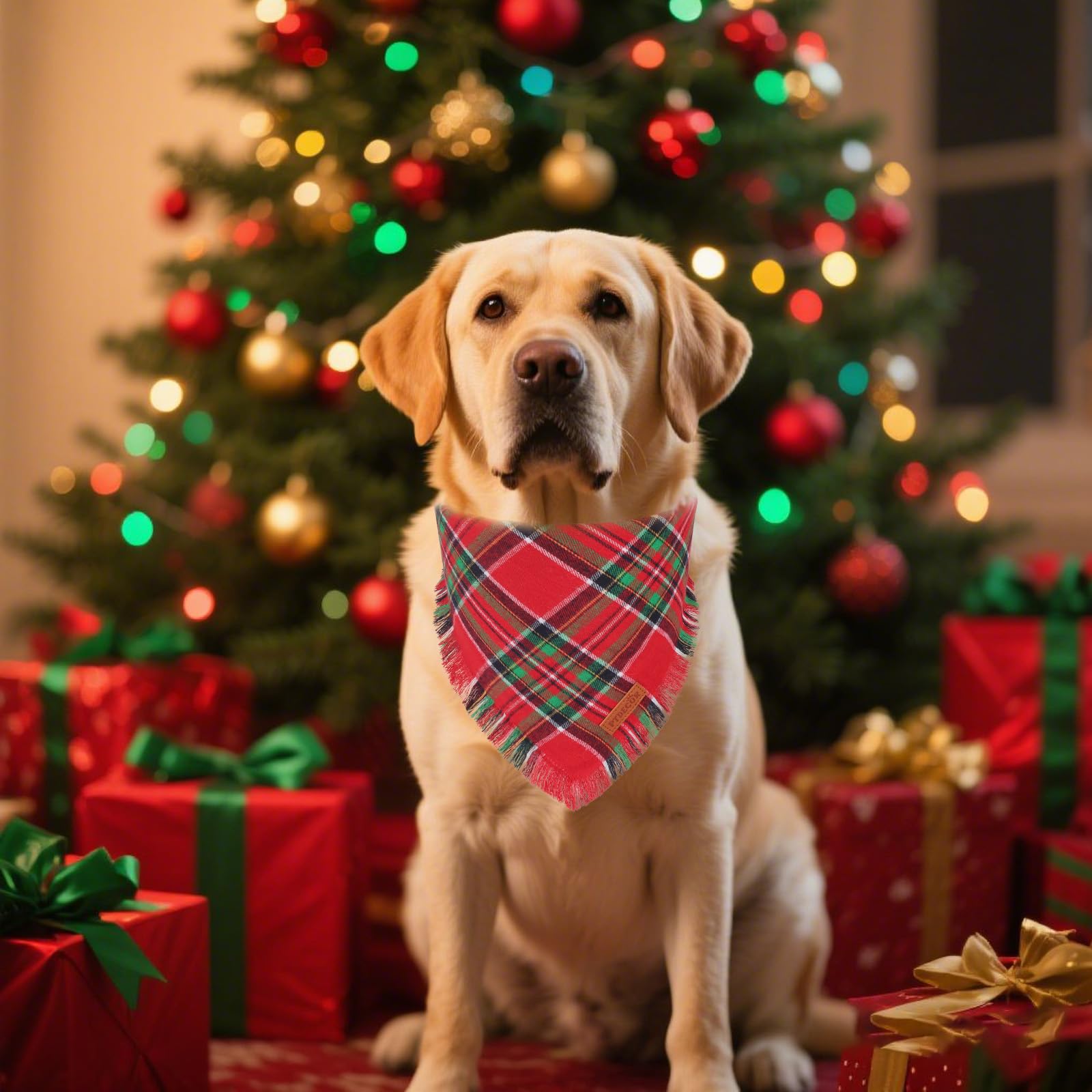 PTDECOR two-pack Christmas dog bandanas packaging shows red and green options