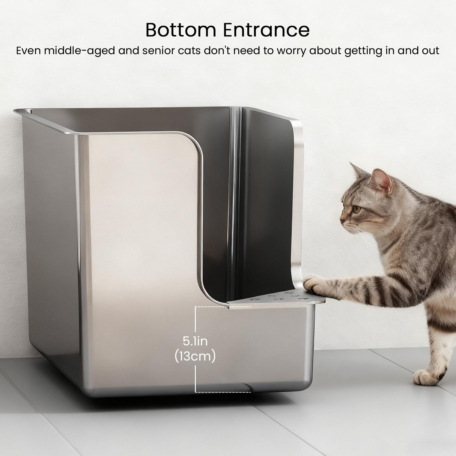 PTFFF stainless steel litter box with 14.5 inch high sides keeps litter contained.
