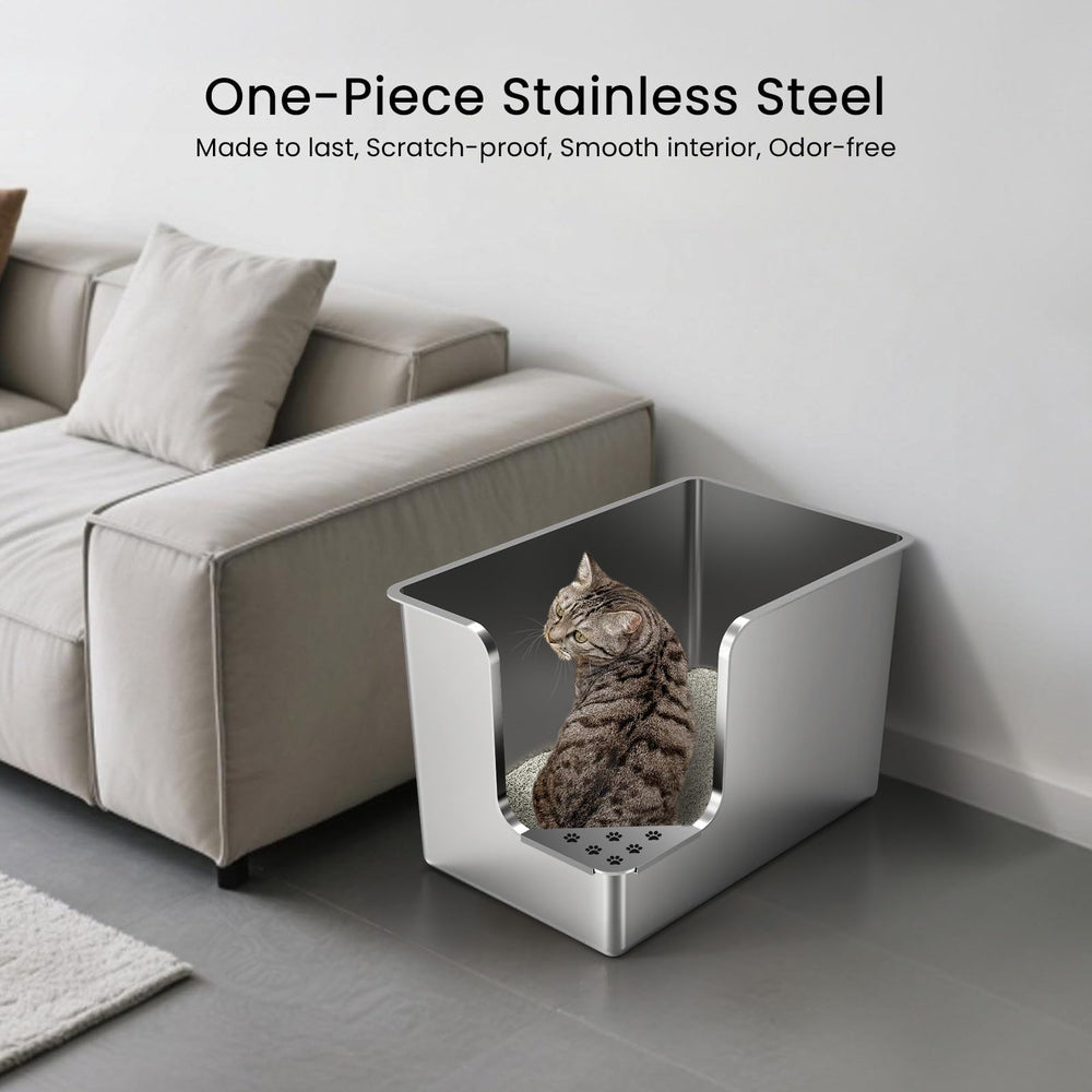 PTFFF stainless steel litter box corner-entry focuses kitty privacy and reduced spray.