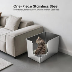 PTFFF stainless steel litter box corner-entry focuses kitty privacy and reduced spray.