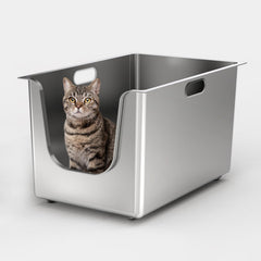 PTFFF stainless steel litter box with high 11.8in sides for containment and odor control.