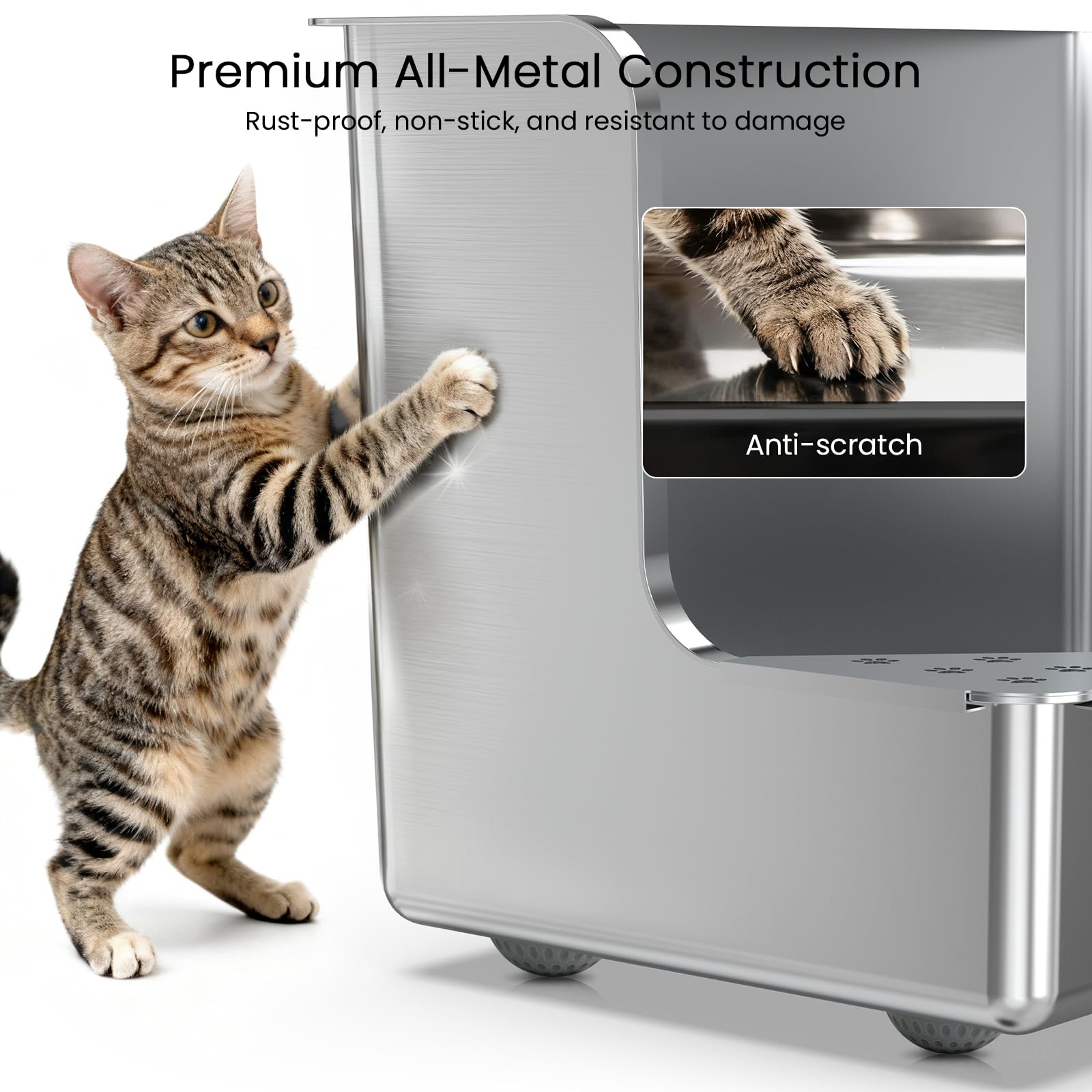 PTFFF stainless steel litter box with wheels for easy relocation.