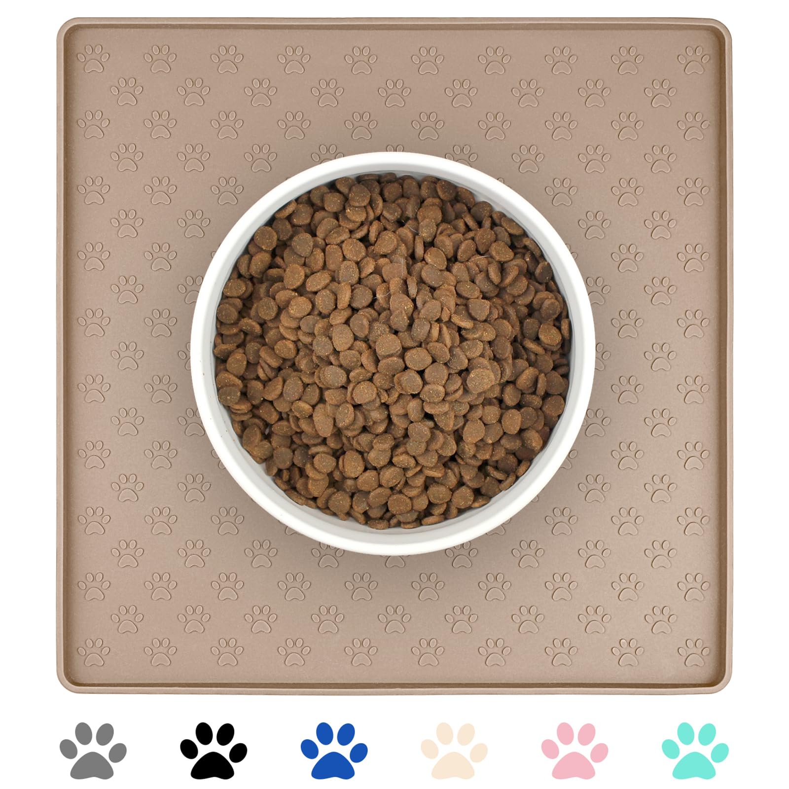 Ptlom dog food mat with anti-slip taupe finish keeps bowls steady during meals.