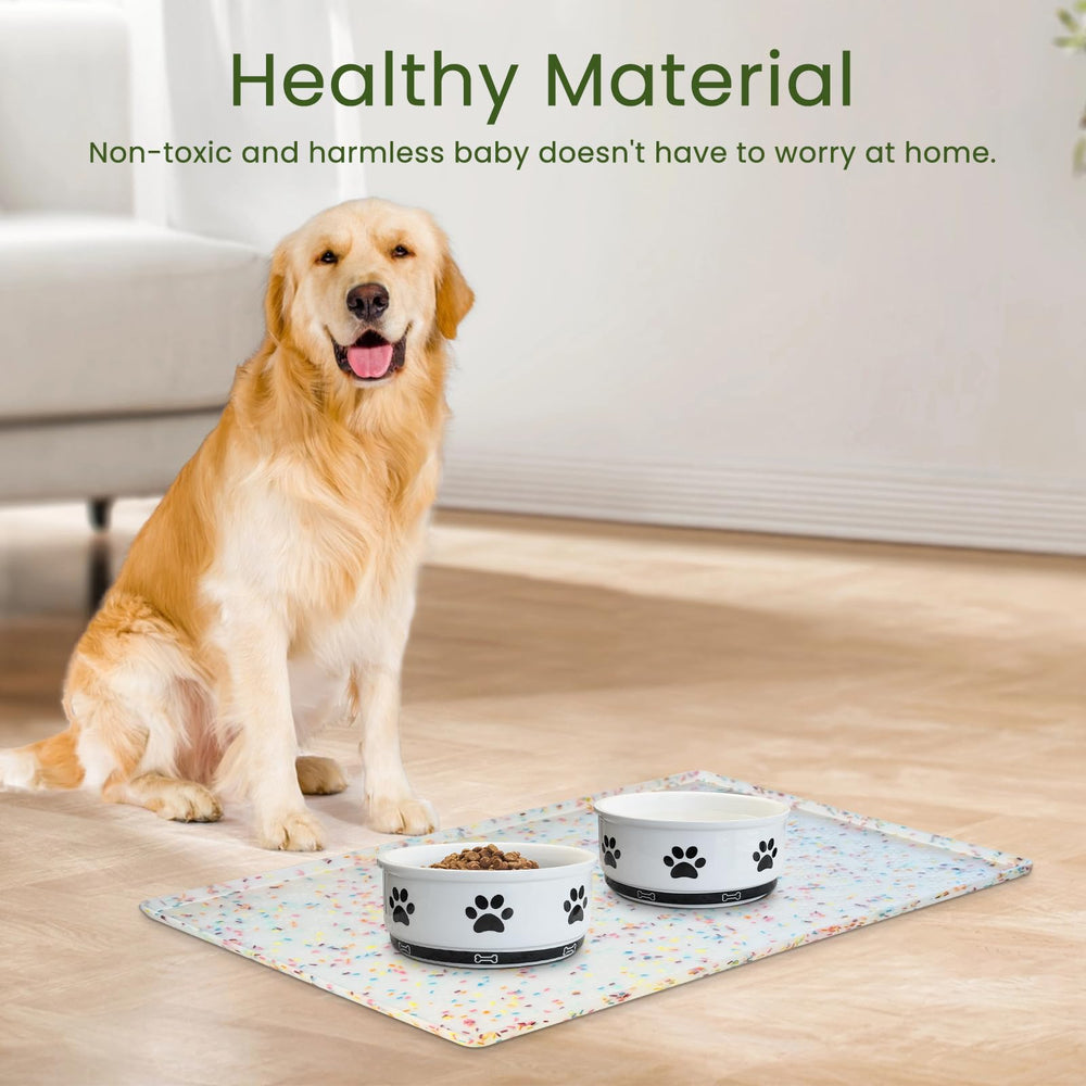 Ptlom dog food mat waterproof silicone prevents water spills and protects floors.