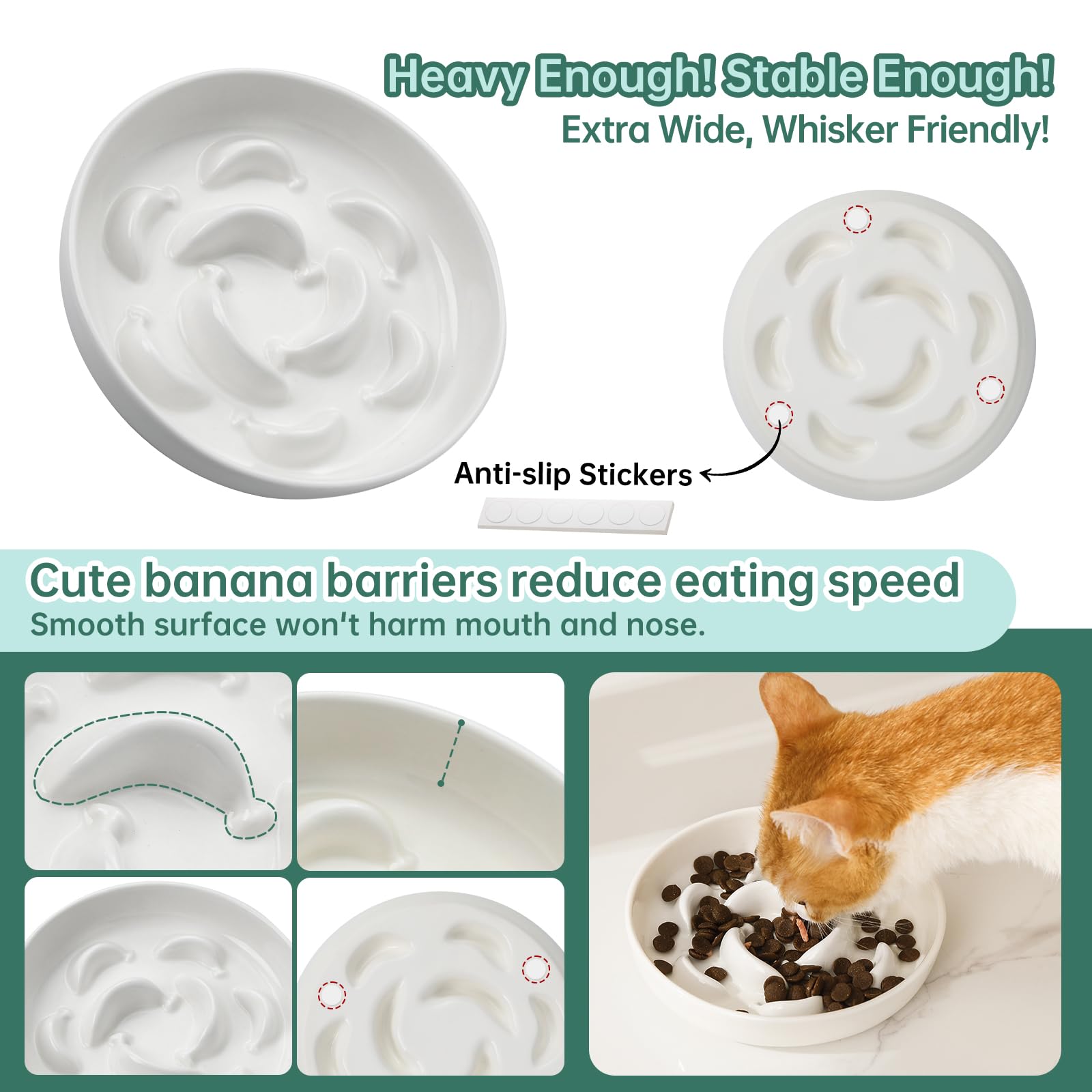 PTOBER ceramic cat bowls stacked with smooth glaze and dishwasher-safe label
