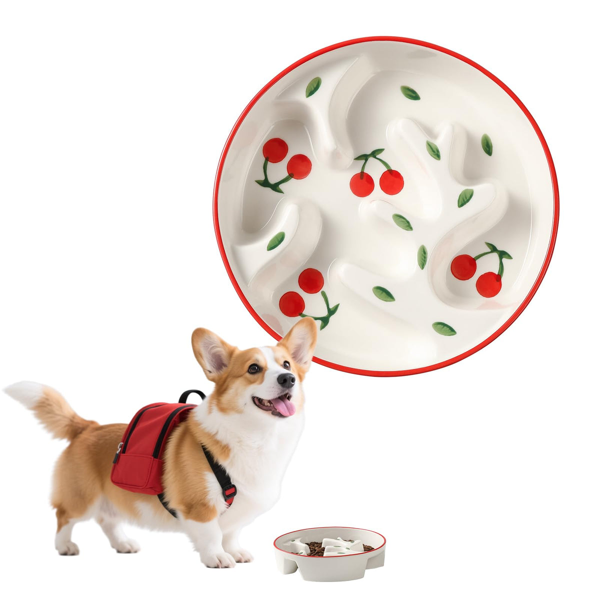PTOBER Ceramic Slow Feeder Bowl Cherry front view with vibrant doodles for engaging mealtimes