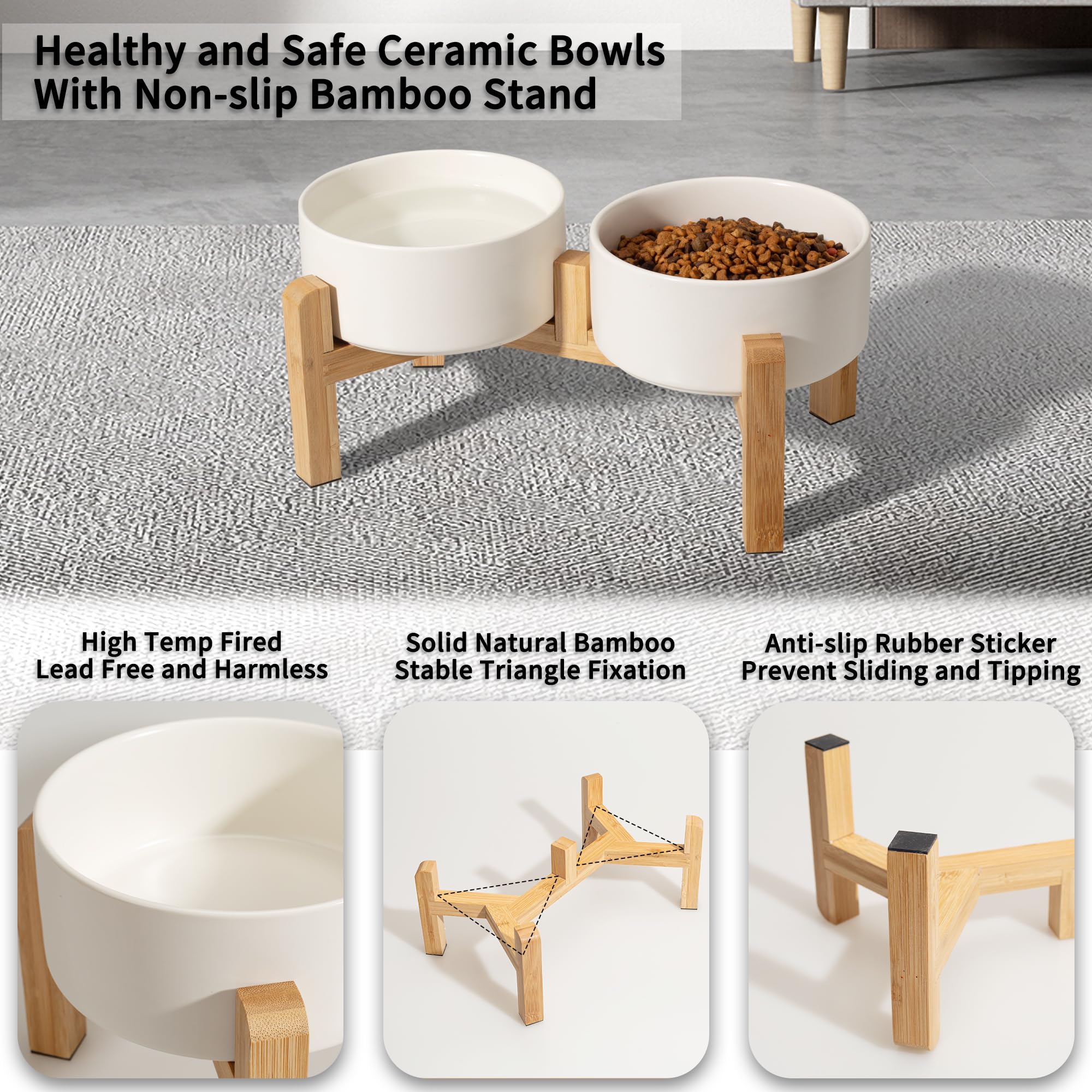 PTOBER elevated ceramic dog bowl set bamboo stand view illustrates easy lifting and cleaning.