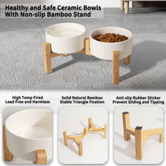 PTOBER elevated ceramic dog bowl set bamboo stand view illustrates easy lifting and cleaning.
