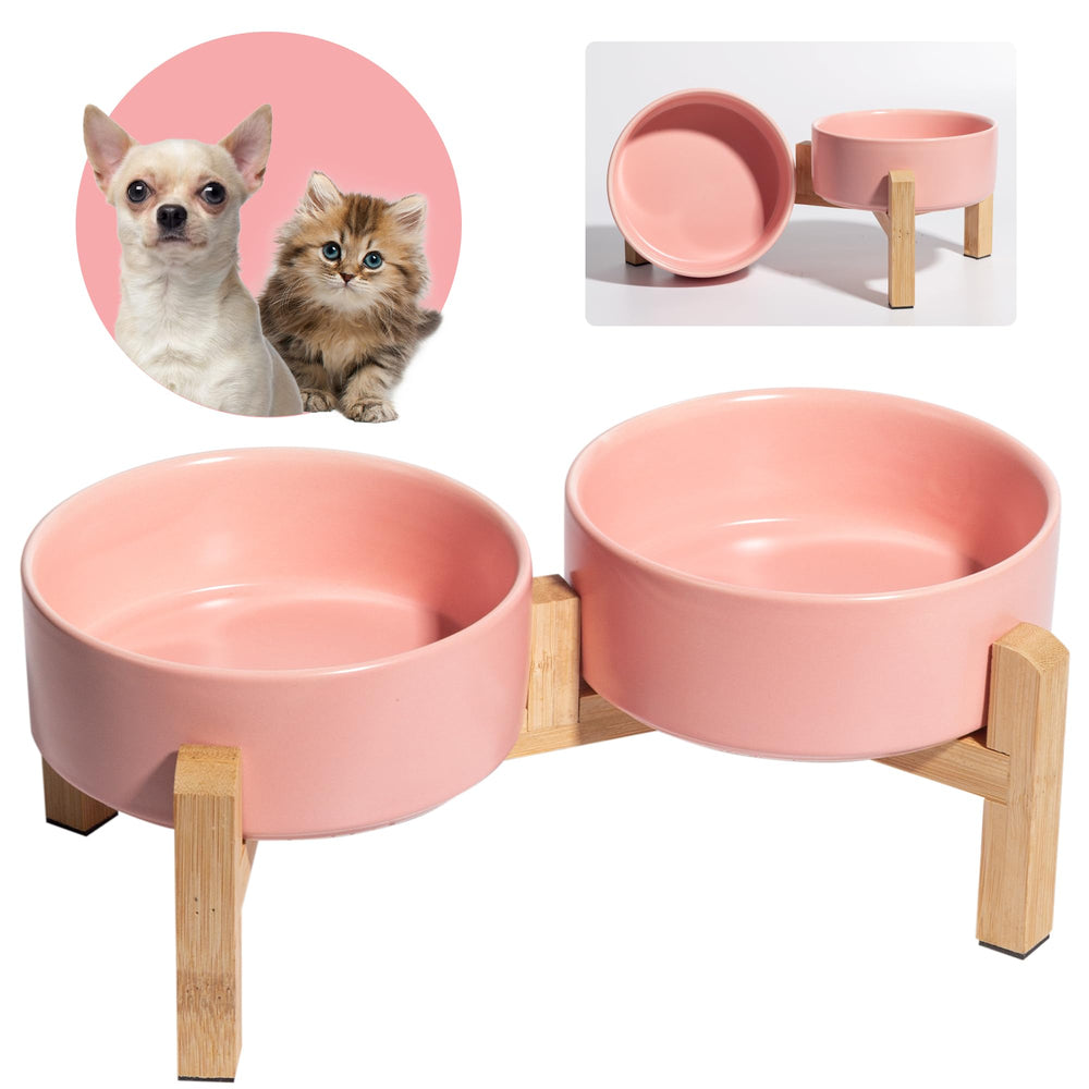 PTOBER elevated ceramic dog bowl set on bamboo stand for comfortable meals.