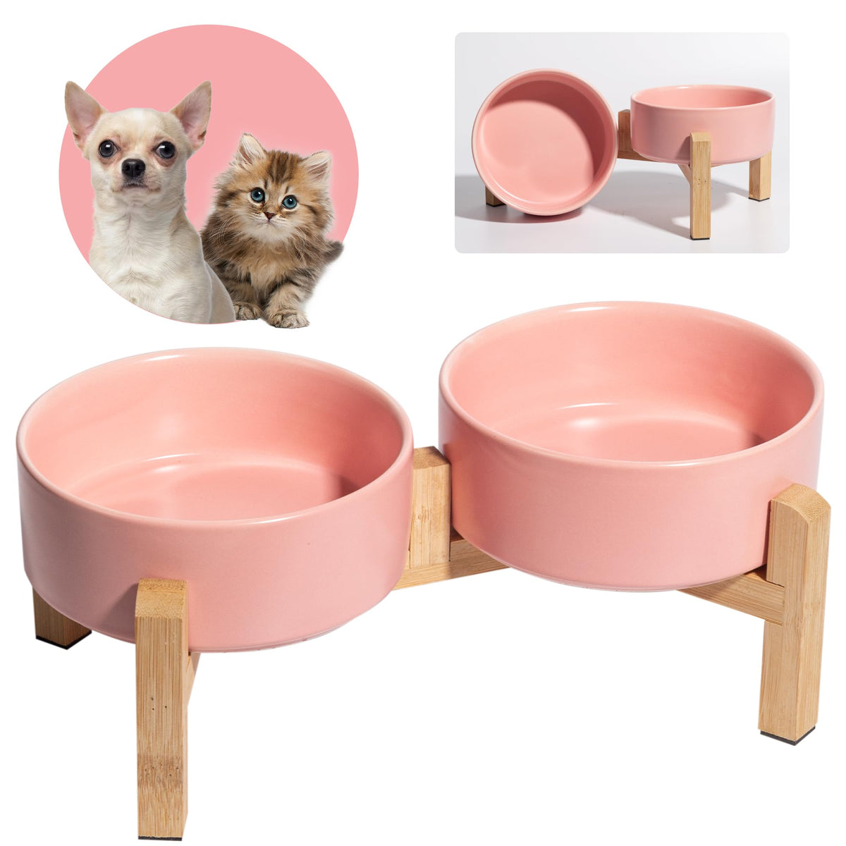 PTOBER elevated ceramic dog bowl set on bamboo stand for comfortable meals.