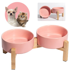 PTOBER elevated ceramic dog bowl set on bamboo stand for comfortable meals.