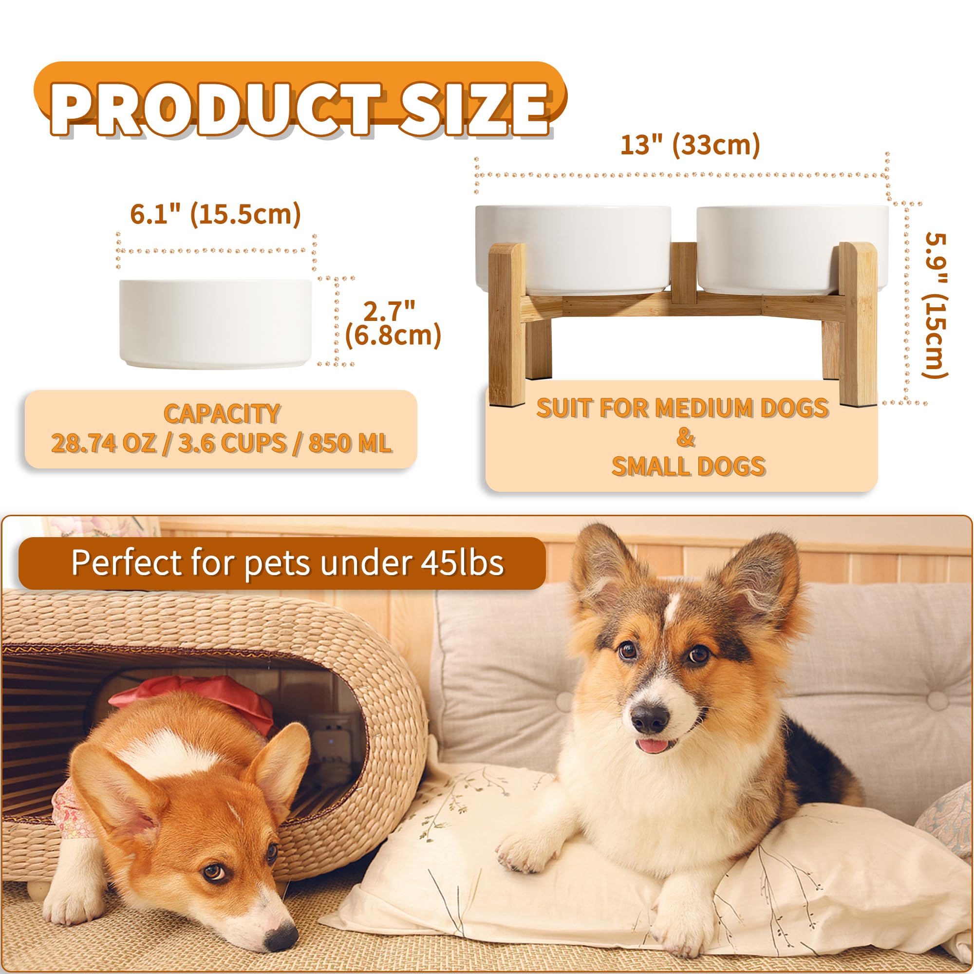 PTOBER elevated ceramic dog bowls on bamboo stand show anti-slip feet for mess-free meals.