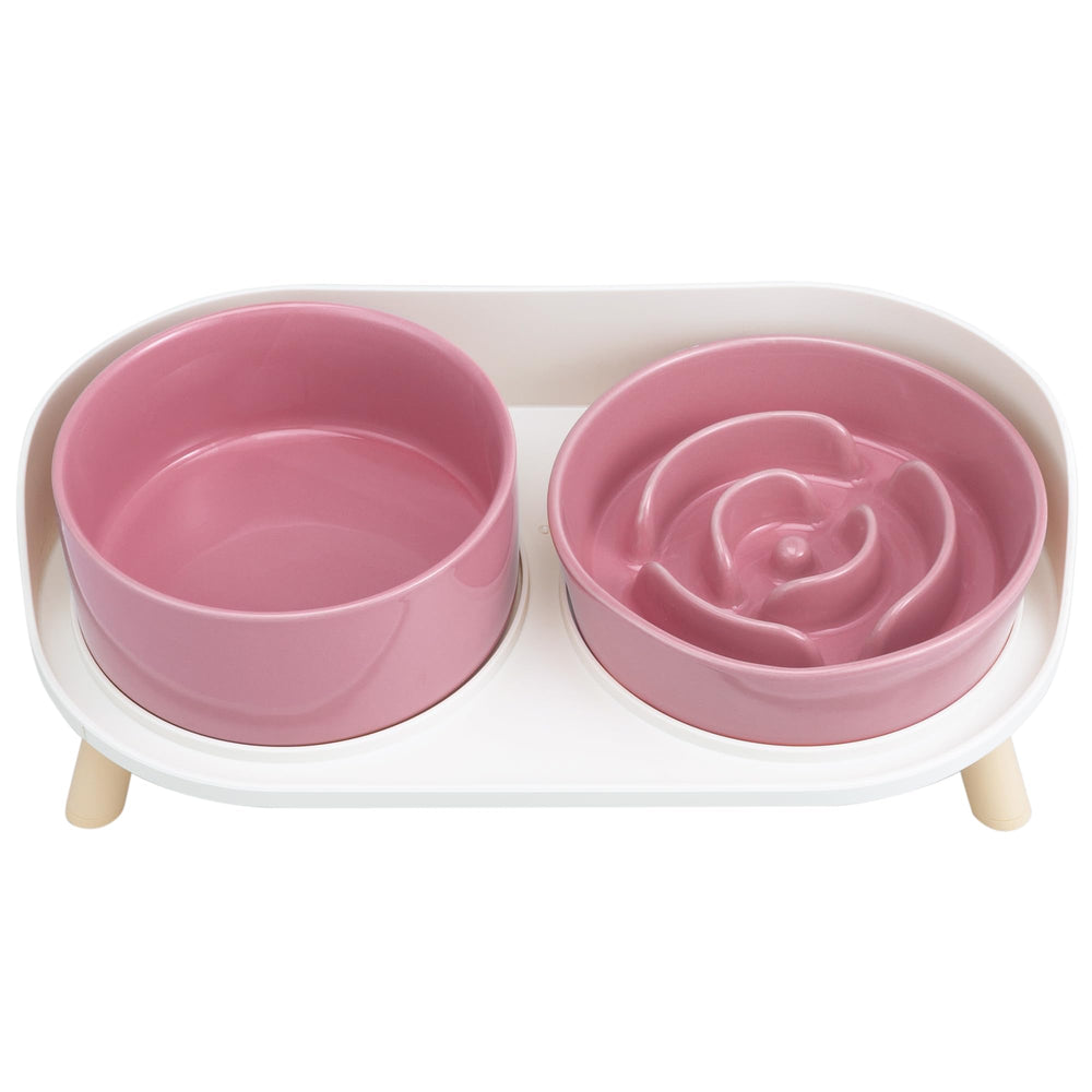 PTOBER elevated slow feeder bowl set on stand promotes paced eating and tidy feeding.