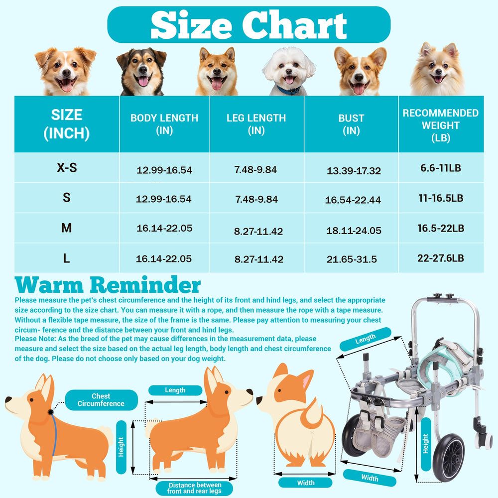 PTWSF dog wheelchair adjustable dimensions guide helps find the perfect fit