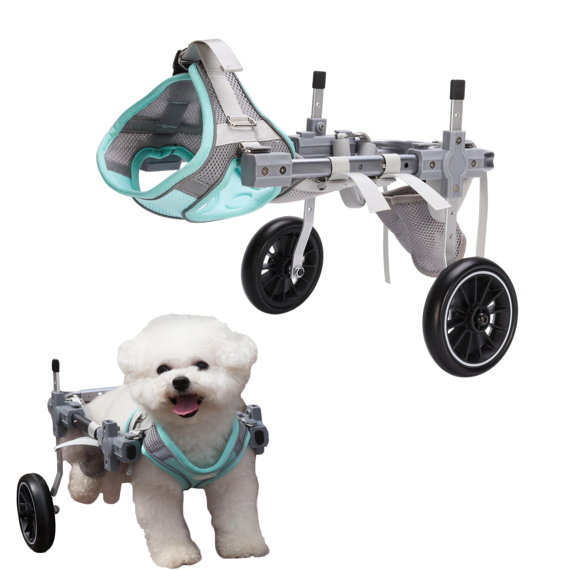 PTWSF dog wheelchair front view shows aluminum frame and front wheels for smooth indoor-outdoor mobility.