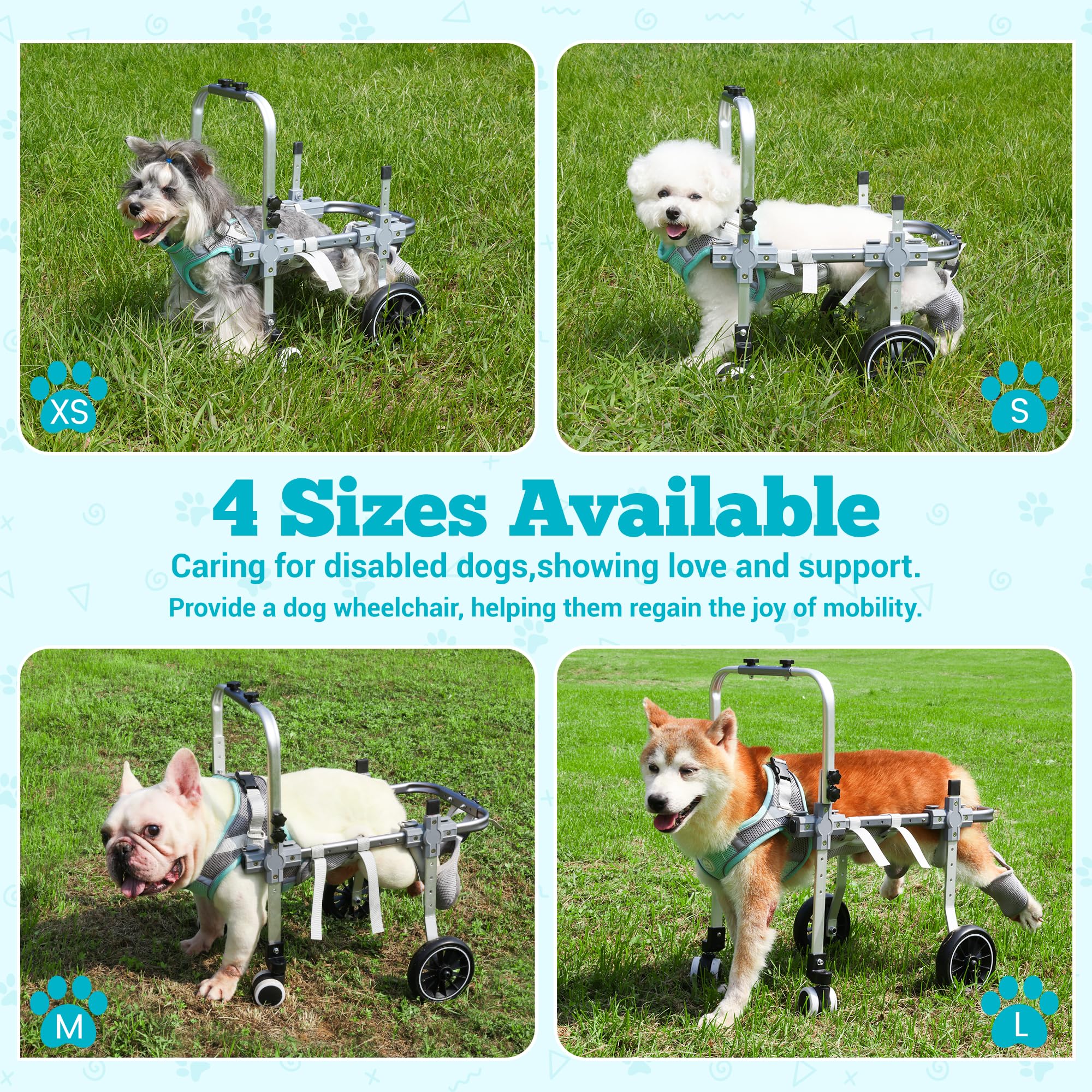 PTWSF dog wheelchair with universal front wheels and back harness for balanced control