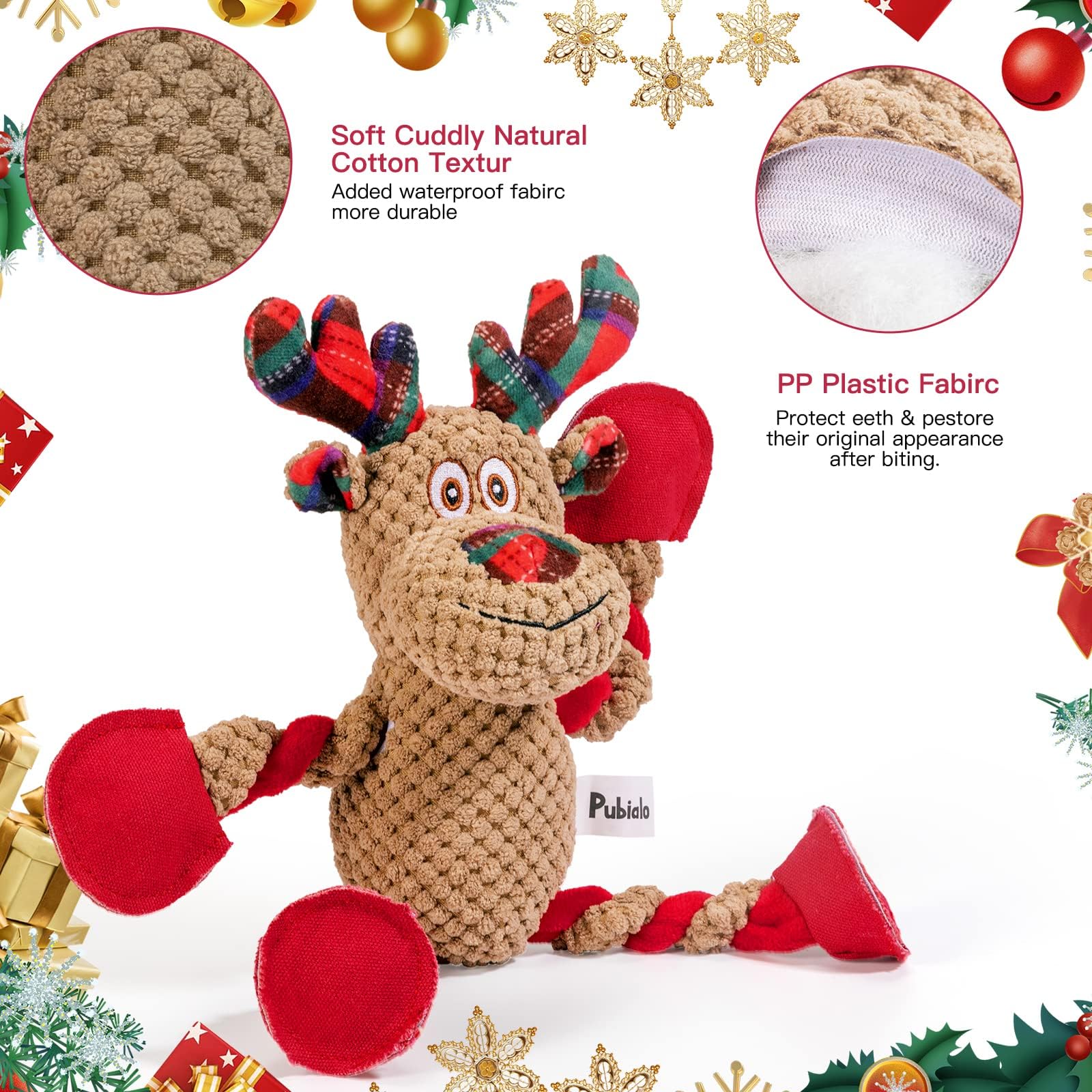 Pubialo Christmas soft plush dog toy offers cuddly comfort during indoor fetch sessions.