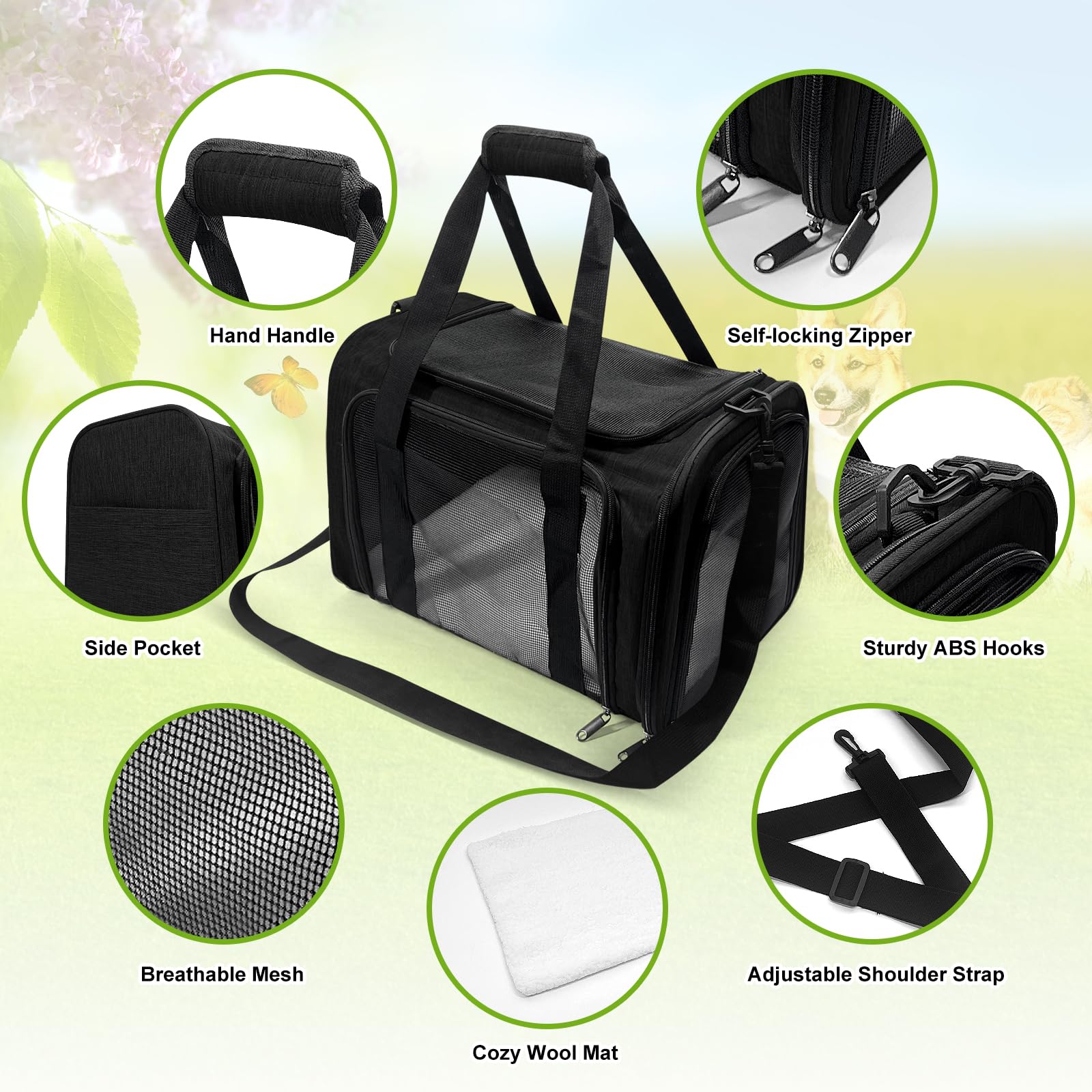 Pucewmy dog carrier side-strap setup illustrates comfortable carrying and secure transport.