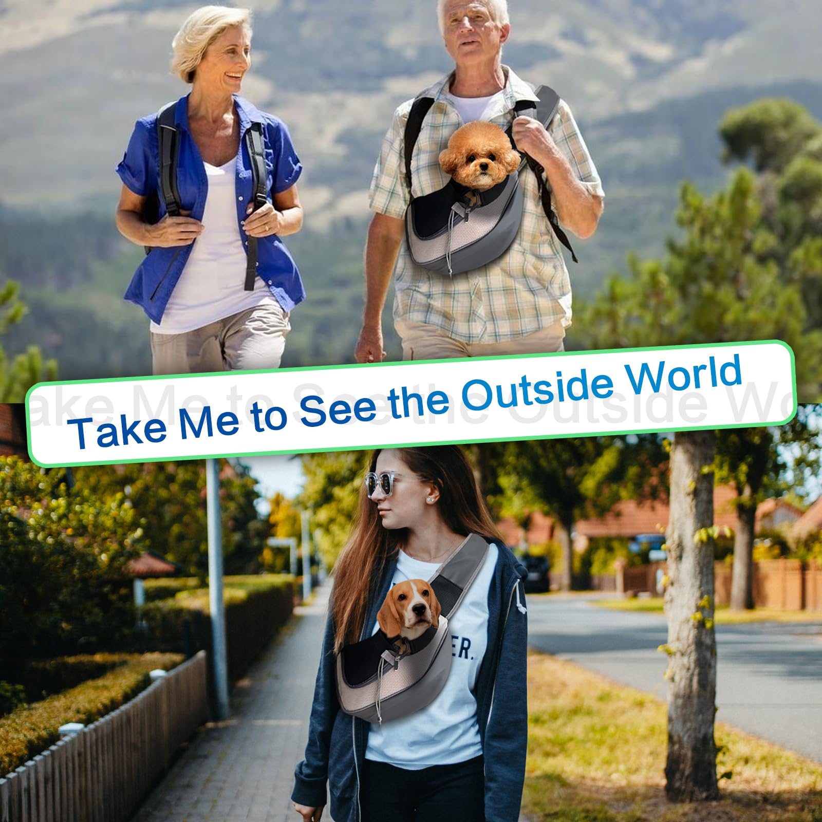PUCEWMY dog sling carrier adjustable shoulder strap for hands-free wear.