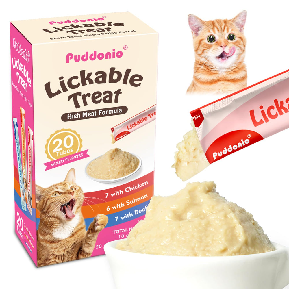 Puddonio High-Meat Lickable Treats packaging highlights convenient squeeze-tube design for on-the-go rewards.