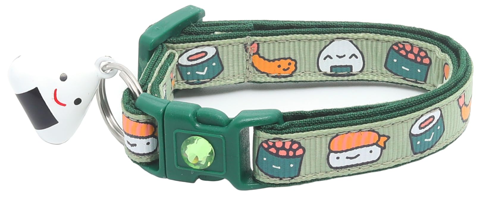 Pugs to Persians Sushi Cat Collar with Onigiri Bell in Wasabi Green promotes safe play.