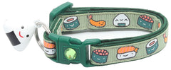 Pugs to Persians Sushi Cat Collar with Onigiri Bell in Wasabi Green promotes safe play.