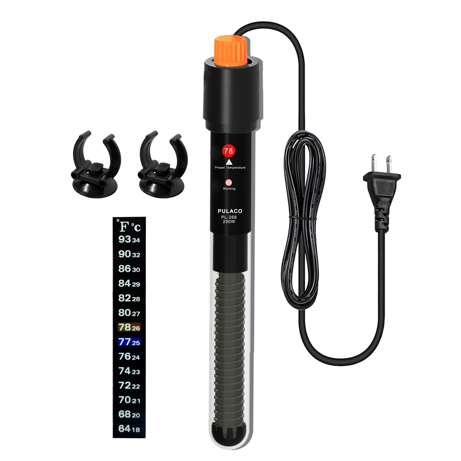 PULACO 200W submersible heater for aquarium provides stable warmth.