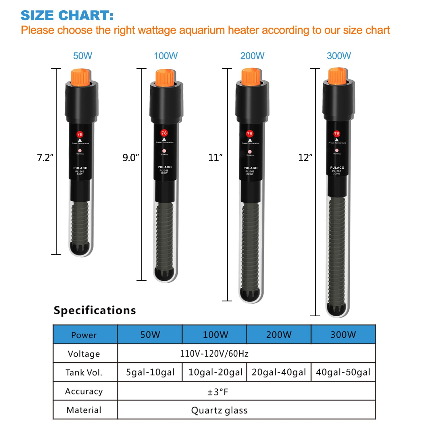 Pulaco submersible heater with thermostat and thermometer strip for precise control