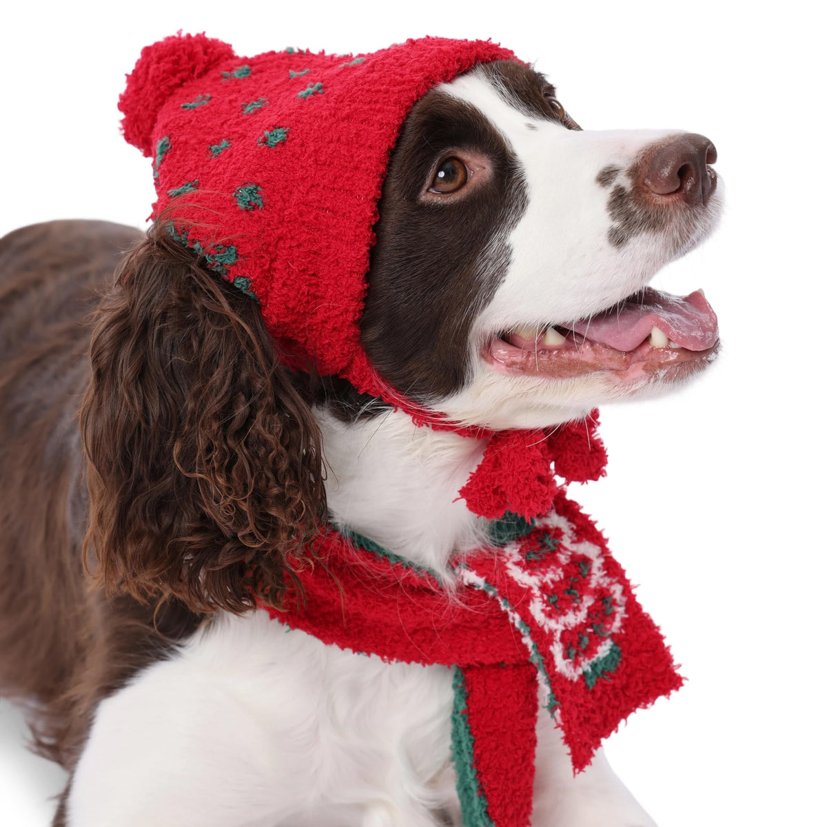 PUMYPOREITY dog Christmas hat close-up with soft plush fabric for festive photos.