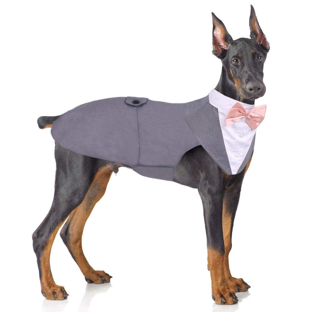 PUMYPOREITY dog tuxedo vest and bowtie in grey for a formal wedding-ready look.