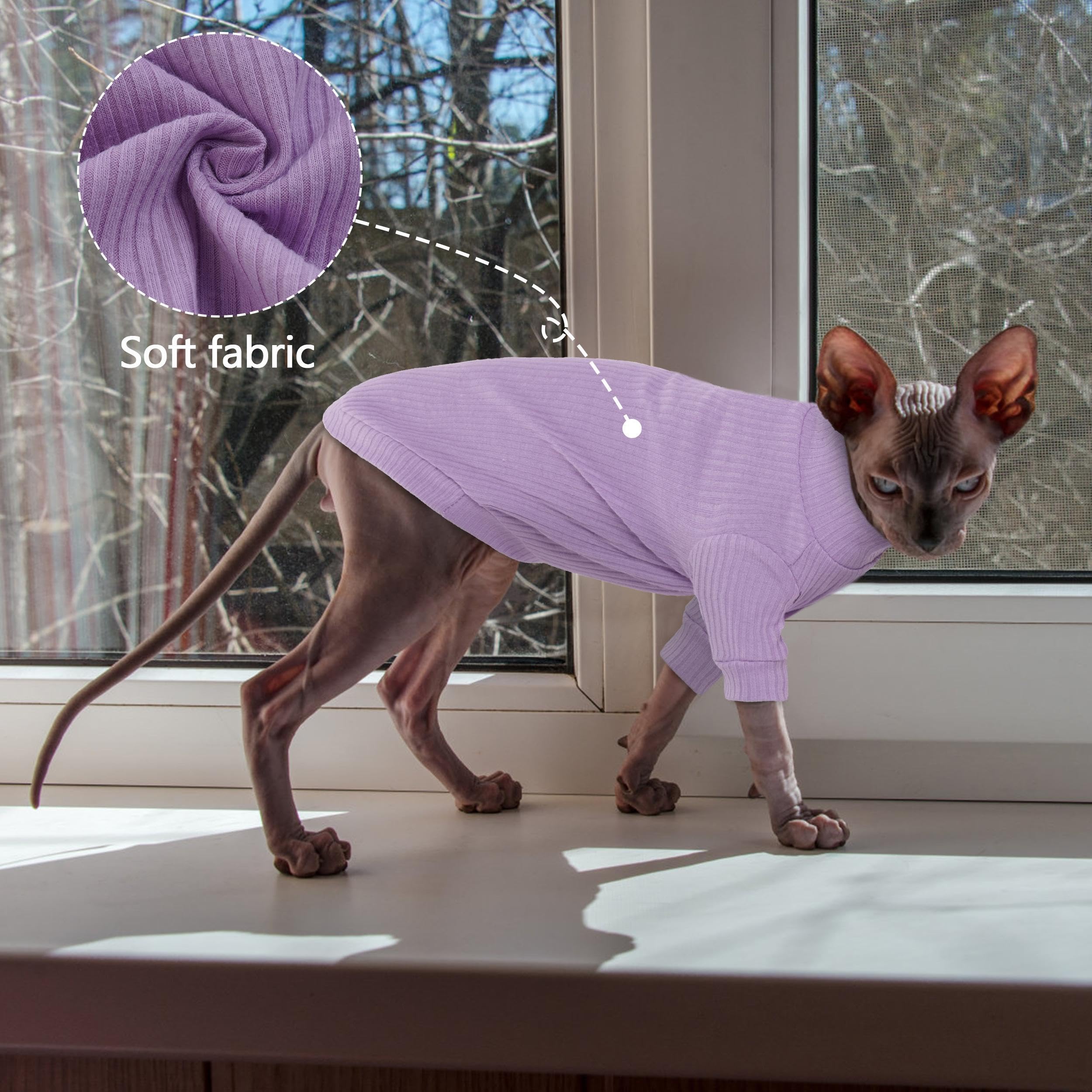 PUMYPOREITY sphynx cat shirt purple, front view shows temperature regulation for all seasons