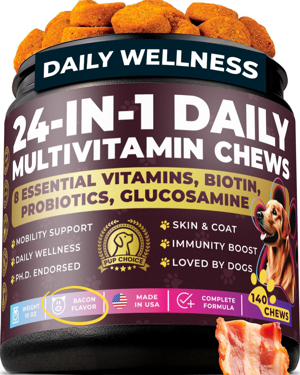 Pup Choice 24-in-1 multivitamin bottle supports daily joint and coat health.