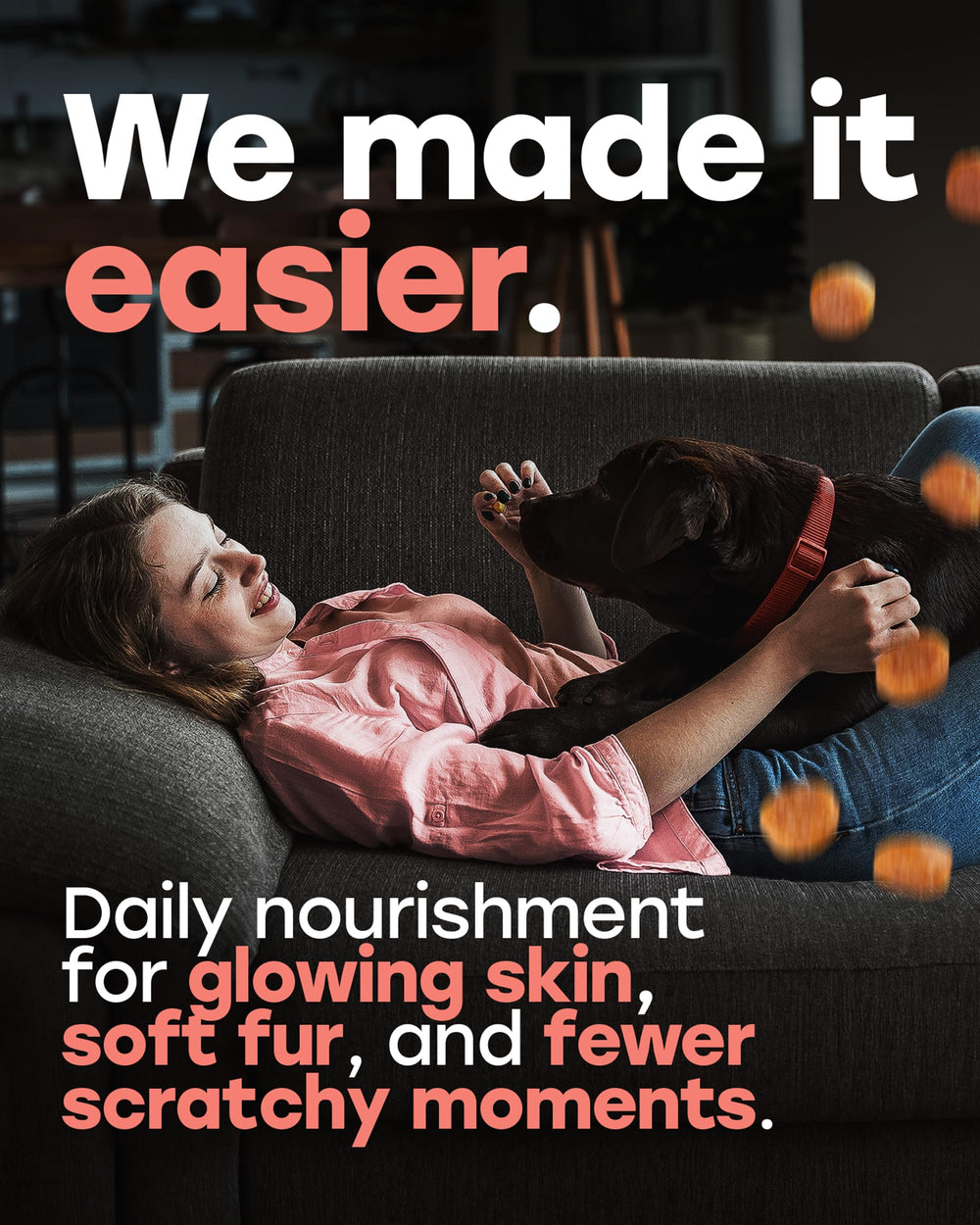 Pup Choice immune-support chews with dog enjoying vitality and comfort.