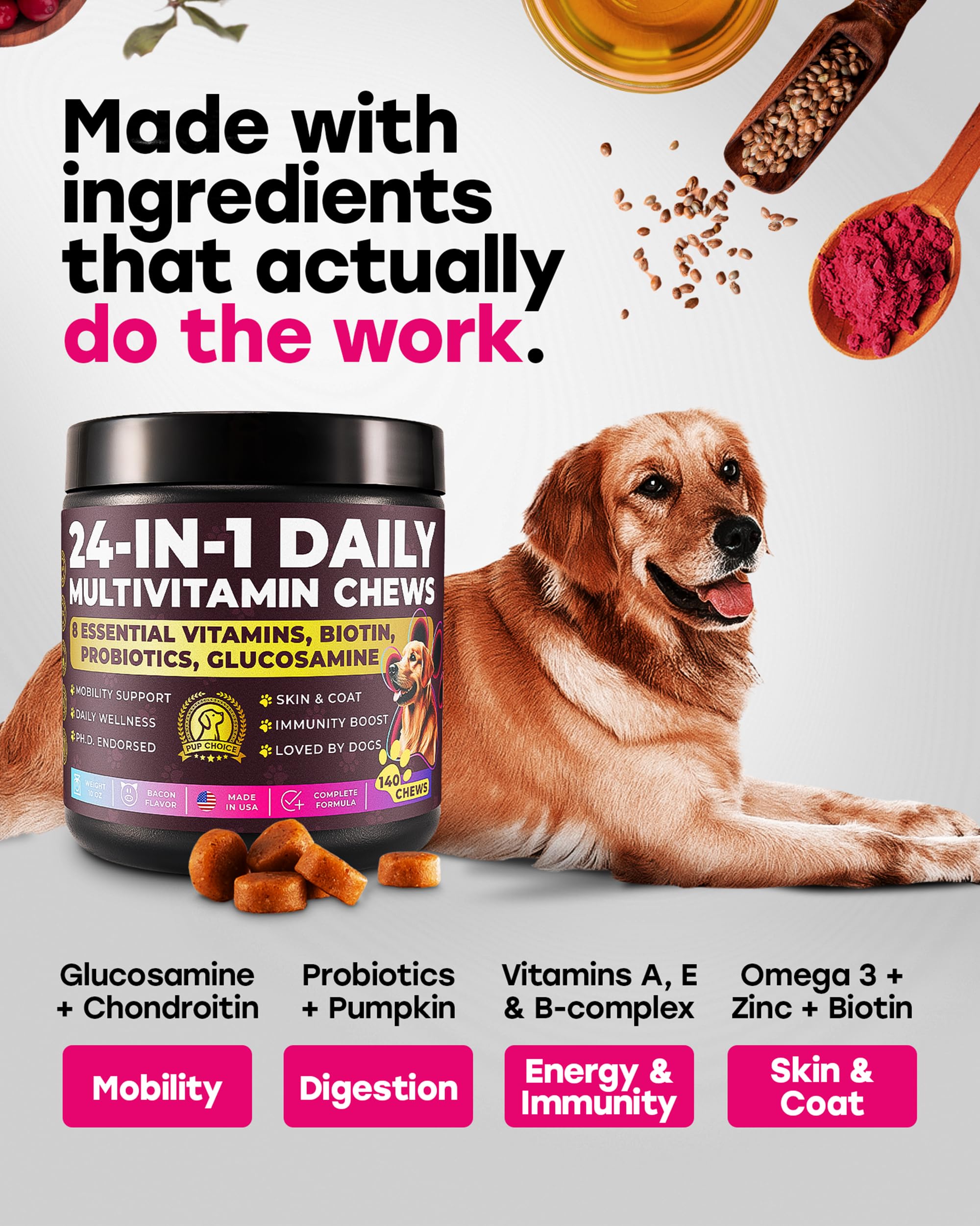 Pup Choice joints and mobility support chew image shows active comfort.