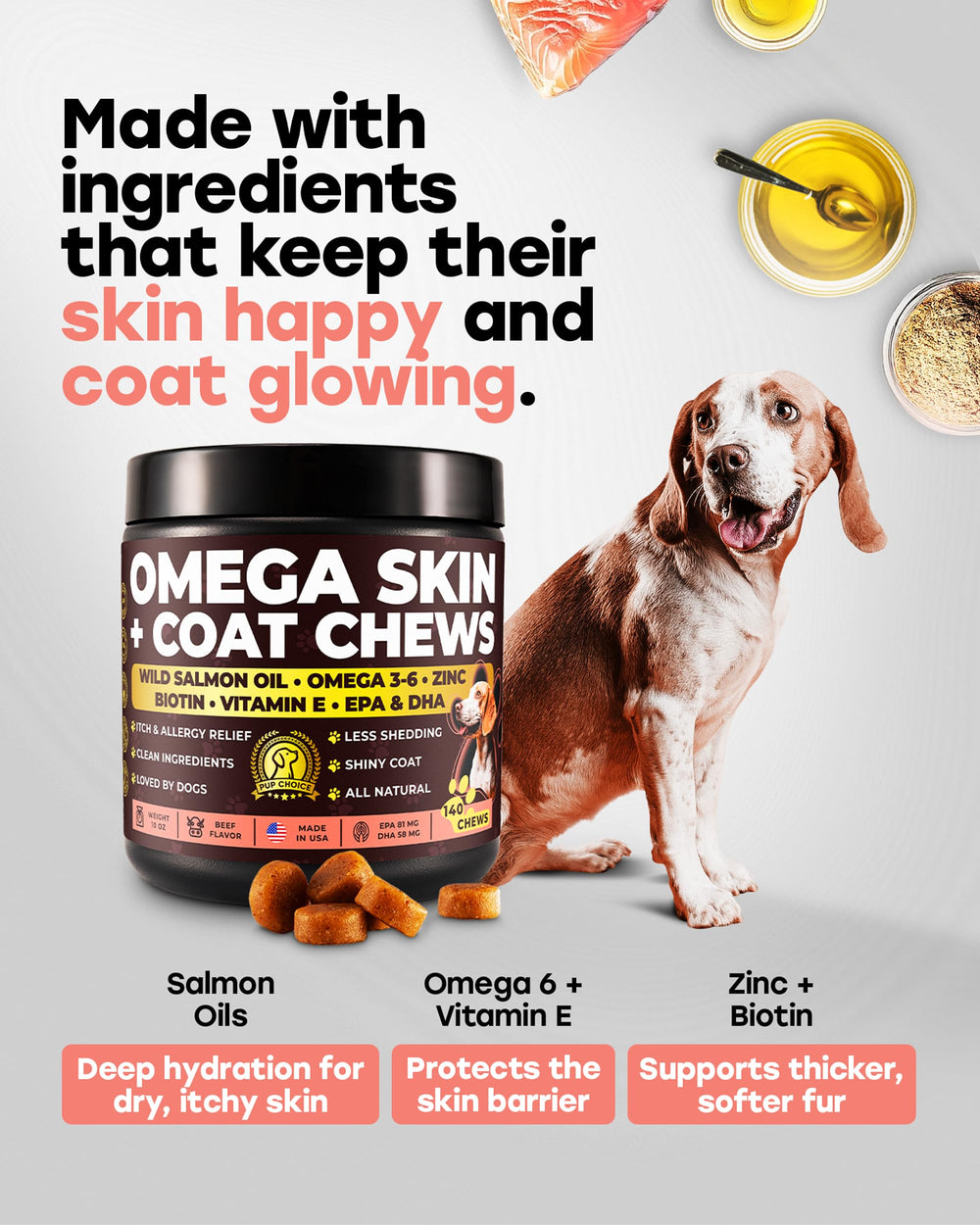 Pup Choice wild salmon oil ingredient bottle illustrating omega-3-6 source.