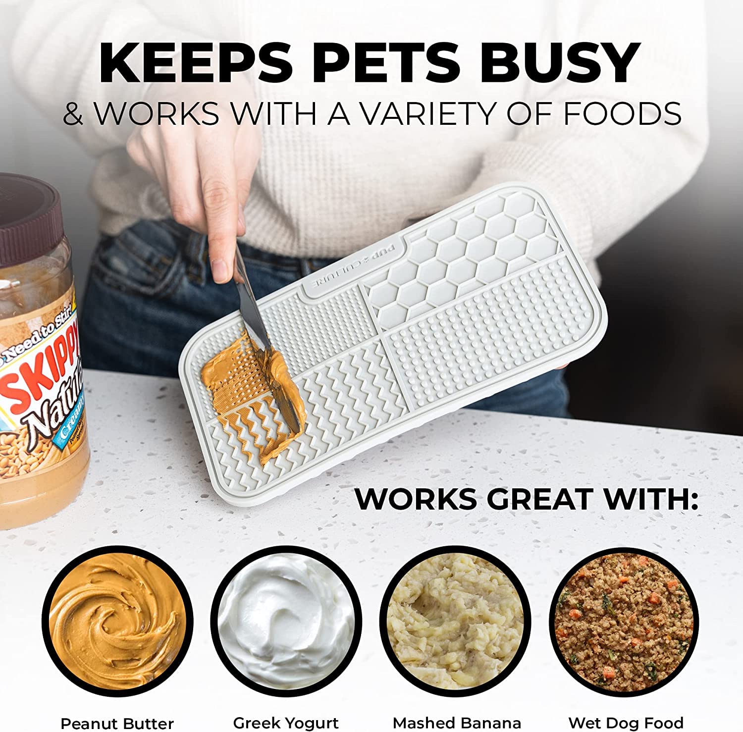 Pup Culture bite-resistant dog mat indicates durable design for all breeds.