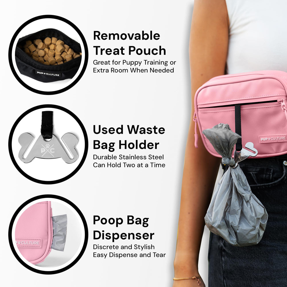 Pup Culture cross-body strap worn during dog walks for hands-free training.