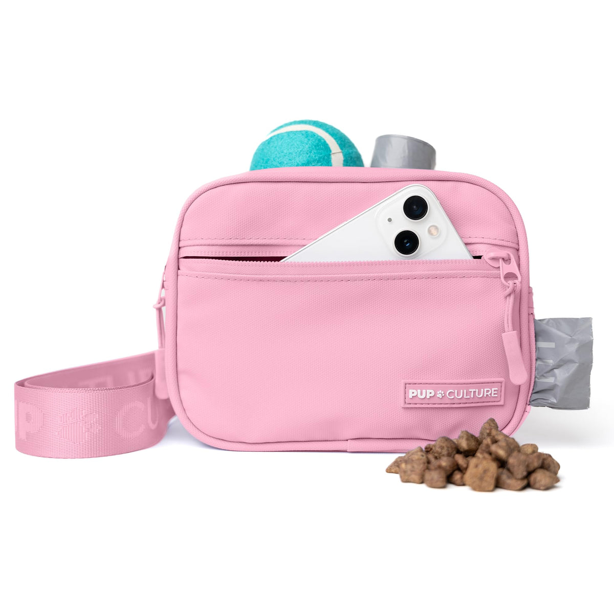 Pup Culture dog treat pouch front view for stylish, convenient walks.