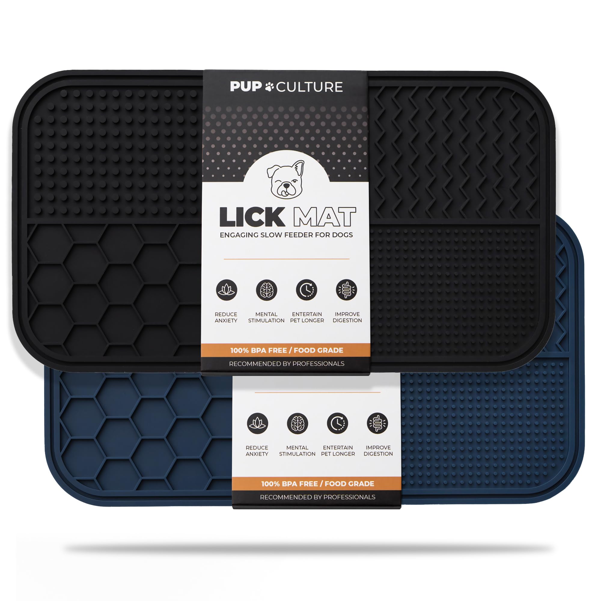 Pup Culture lick mat 2-pack shown for slow feeding and longer meals.