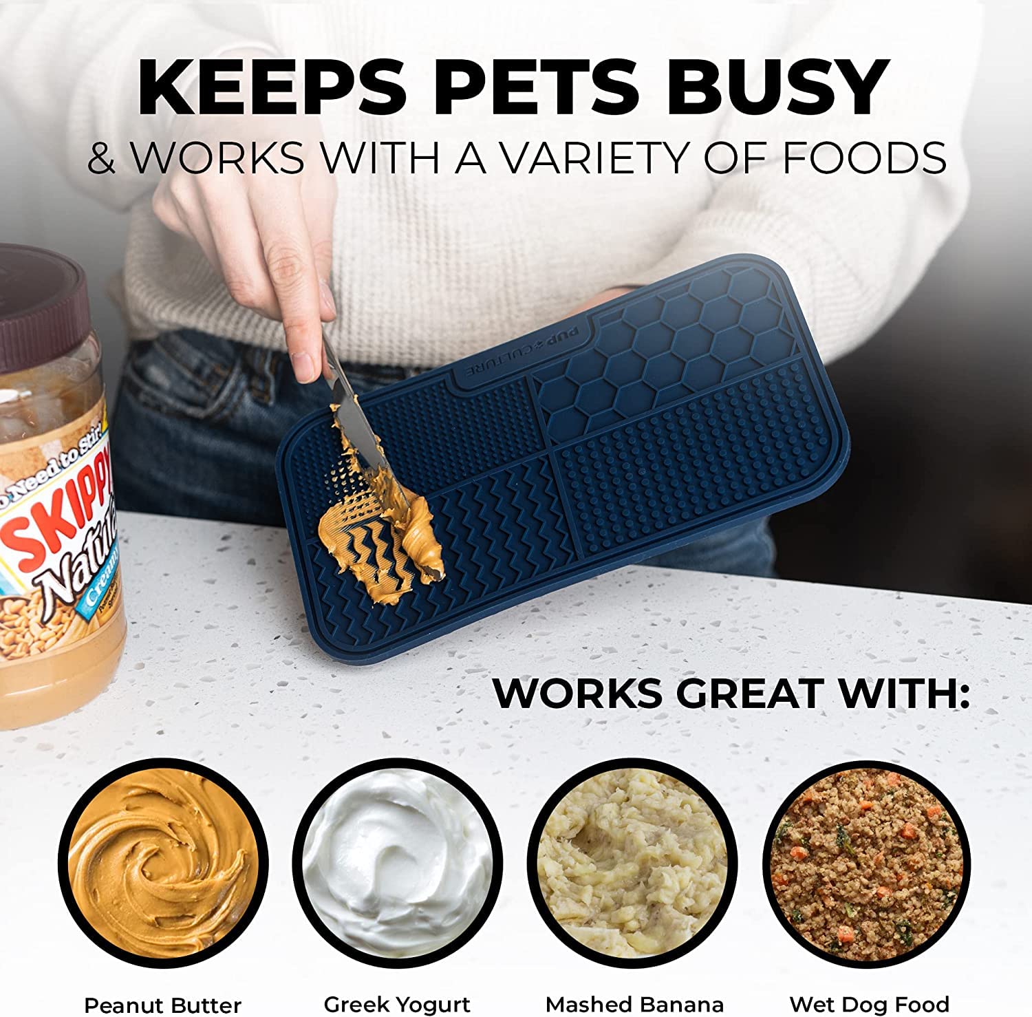 Pup Culture lick mat anxious-dogs-use-case shows calming distraction during meals.