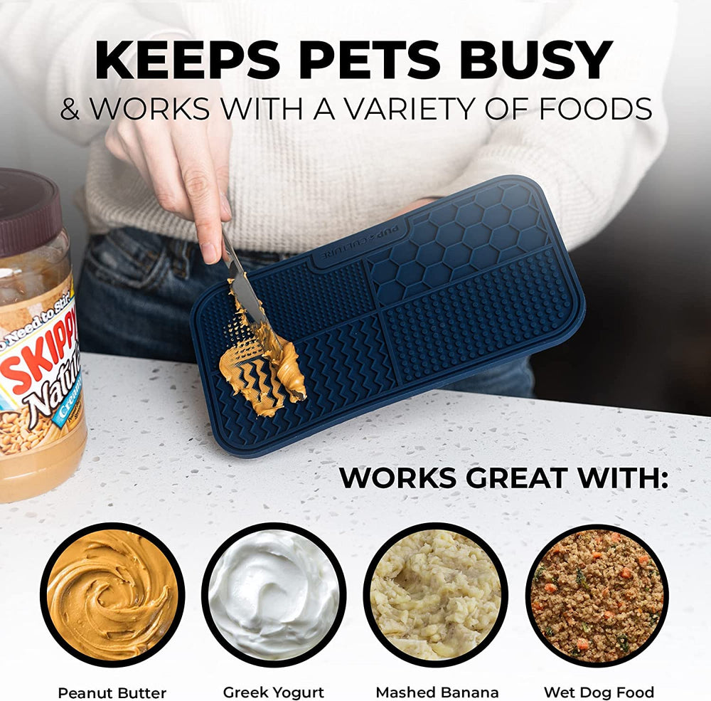 Pup Culture lick mat anxious-dogs-use-case shows calming distraction during meals.